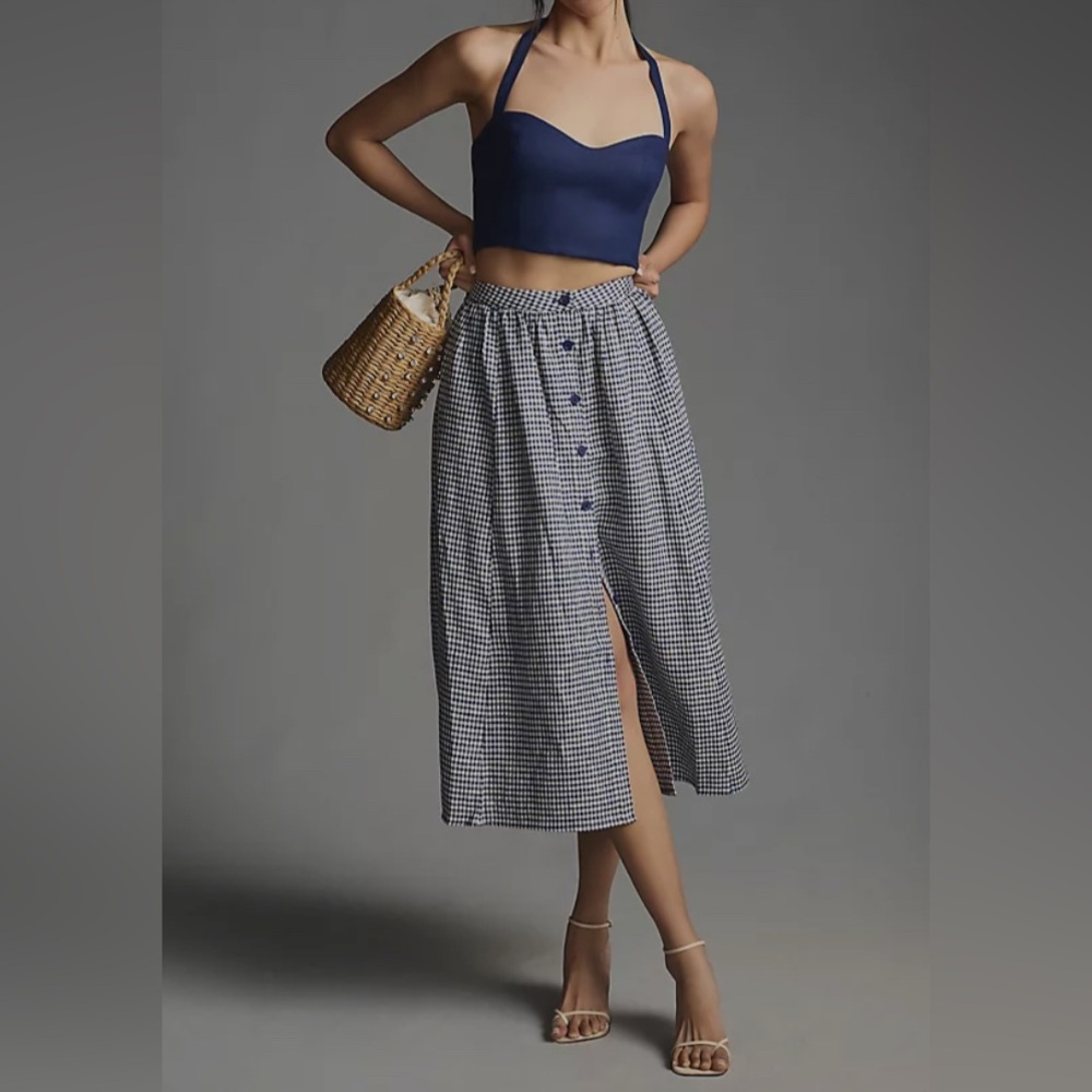 Reformation Blue Gingham A-Line Button-Front Midi Skirt